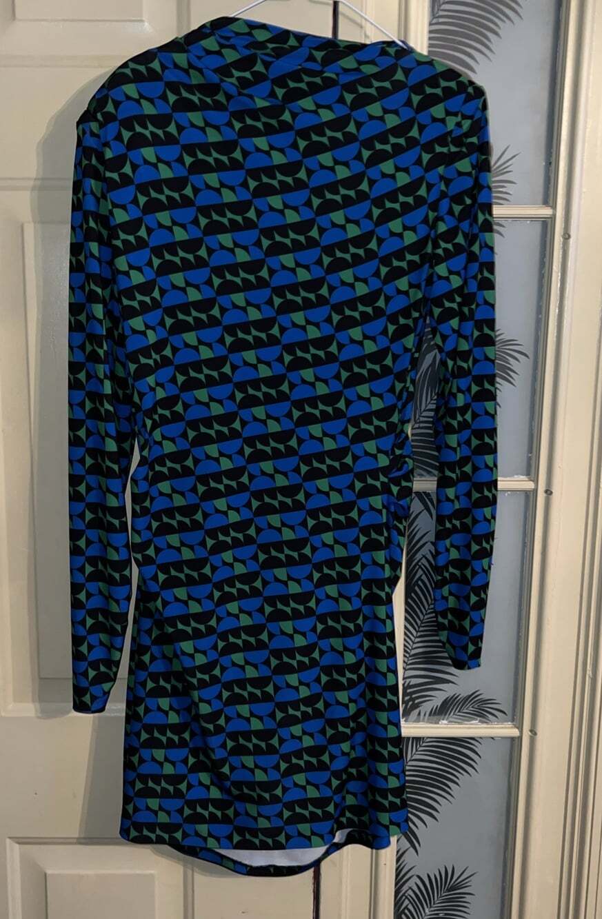 Zara Long Sleeve Geometric Mock Neck Mini Bodycon Dress Size XL Blue Green - Picture 2 of 7